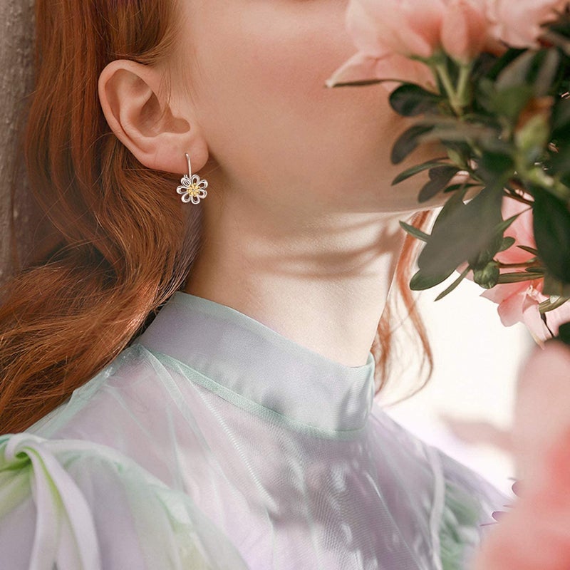 LUHE Daisy Earrings Gifts for Women Sterling Silver Flower Leverback Dangle Hoop Jewelry Christmas Gifts - Image 2